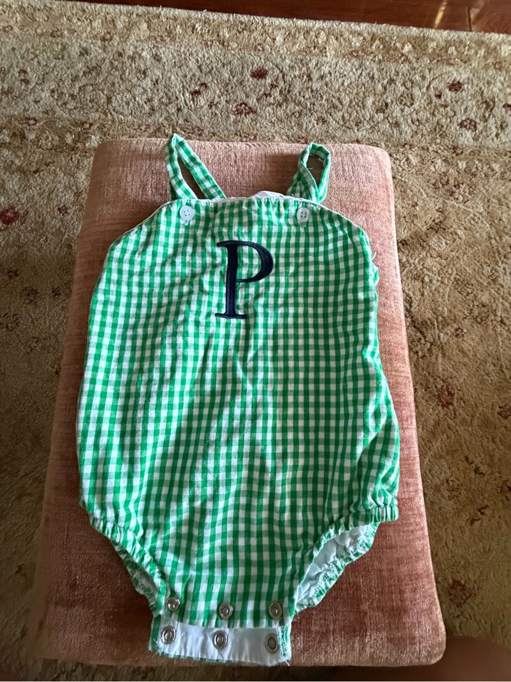 Green Gingham Monogram One-Piece Sun suit Navy monogram P classic traditional